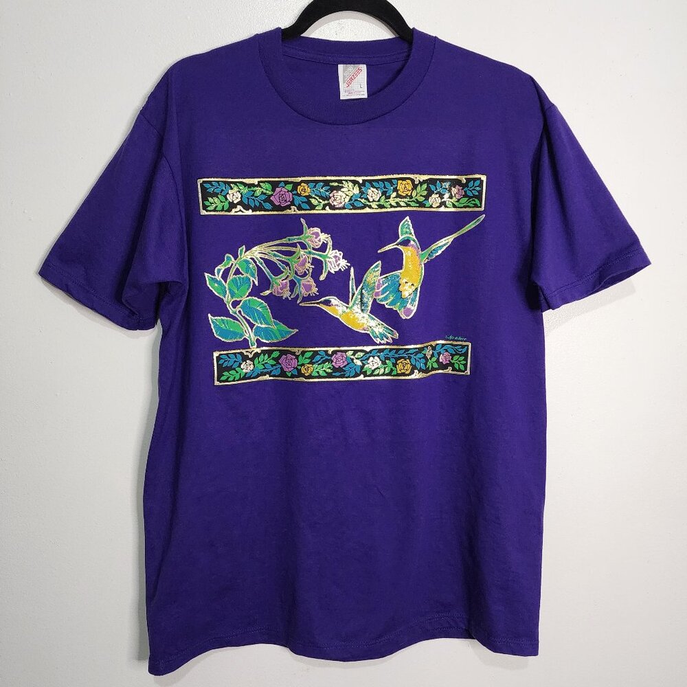Vtg 90s Jerzees USA Air Waves Womens Large Royal Purple Hummingbird Gold T-shirt - Picture 2 of 9